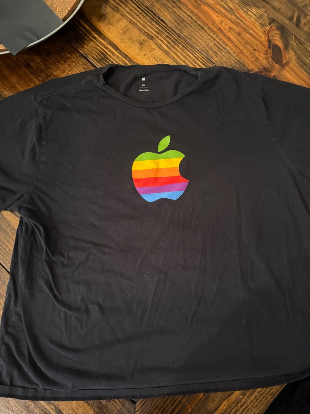 Apple Black Tee with Rainbow Stripe Apple Logo